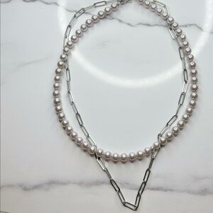 Set of 2 Necklaces | Mother of Pearl | Silver tone Paperclip Chain